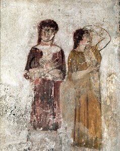 Portræt af to kvinder fra Lucanian fresco fra det 4. århundrede f.Kr., fra Rytterens grav, Paestum, Italien. Museo nazionale archeologico, Paestum