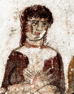Portræt af kvinden Lucanian fresco fra det 4. århundrede f.Kr., fra Rytterens grav, Paestum, Italien. Museo nazionale archeologico, Paestum