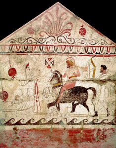 Tilbagekomsten af den sejrrige kriger Lucanian fresko fra det 4. århundrede f.Kr., der kommer fra graven 86, nekropolis Andriuolo a Paestum, Italien. Museo nazionale archeologico, Paestum