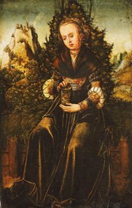 Saint Mary Magdalen siddende på en græskant i et bjergrigt landskab, af Lucas Cranach