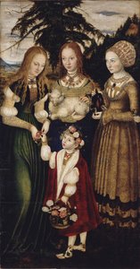 Altertavle med Saint Catharines martyrium, venstre fløj: De hellige Dorothea, Agnes og Cunigund af Lucas Cranach the Elder