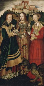 Altertavle med Saint Catharines martyrium, højre fløj: Den hellige Barbara, Ursula og Margaret af Lucas Cranach the Elder