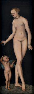 Tysk: Venus mit Amor als Honigdieb vor schwarzem Grund Venus med Amor som honningtyv mod en sort baggrund af Lucas Cranach the Elder