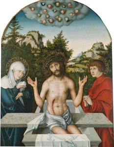 Pfirtscher altertavle: Kristus som Smertensmand, siddende på en sarkofag mellem Jomfru Maria og Johannes [centralt panel]. af Lucas Cranach the Elder