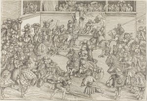 Den anden turnering med et billedtæppe, der viser Samson og løven af Lucas Cranach the Elder