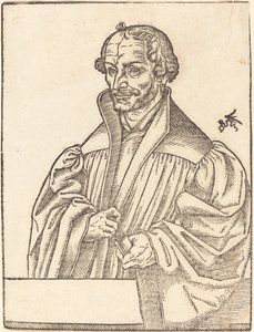Philip Melanchton, Halv-længde til venstre, står bag et brystværk af Lucas Cranach the Younger