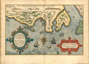 Livonie (Nord de la Lituanie actuelle) - Kort over Livland (Die custe va Lijfflandt med eijlanden daer beneffens...) - Waghenaer, Lucas Jansz. (1533/34-1606) - 1586 - Kobberstik, akvarel - Privat samling