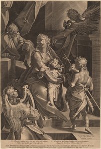 Den hellige familie og to engle af Lucas Kilian, after Bartholomaeus Spranger