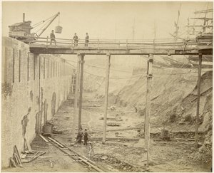 Opførelse af det udvidede Limehouse Basin, London, maj 1869 af Lucas and Tuck