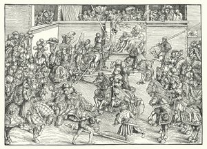 Turneringen med Samsons og løvens billedtæppe (gravering) af Lucas the Elder (after) Cranach