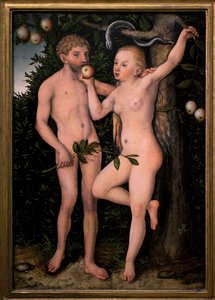 Adam og Eva. Maleri af Lucas Cranach den tidligere (1472-1553), ca. 1538. Flamsk kunst 1500-tallet. Nationalgalleriet, Sternberg-paladset, Prag (Tjekkiet).
