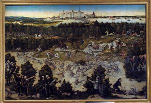 Jagt til ære for Karl V på Torgau Slot i Tyskland Maleri af Lucas Cranach den Ældre (1472-1553) 1544. Madrid. Musee Du Prado - Jagt til ære for Charles V på slottet Torgau i Tyskland. Maleri af Lucas Cranach den ældre (1472-1553) 1544. P af Lucas the Elder Cranach