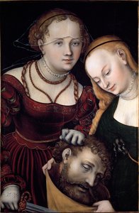 Judith med en tjenestepige og leder af Holoferne Maleri af Lucas Cranach den Ældre (1472-1553) 1530 Søn. 77x52,5 cm Wien, Kunsthistorisches Museum - Judith med Holofernes hoved og en tjener. Olie på træ 77 x 52,5 cm af Lucas the Elder Cranach
