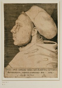 Martin Luther med lægekasket. Gravering ... (gravering) af Lucas the Elder Cranach