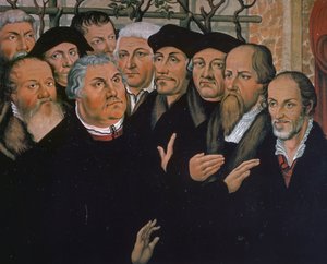 Martin Luther med repræsentanter for den protestantiske reformation, til højre Melanchthon, i centrum af Erasmus af Rotterdam, detalje fra Lazarus opstandelse, maleri af Lucas Cranach Elder (1472-1553)