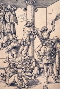 Passion of Christ: the scourging, af Lucas Cranach den Ældre (1472-1553), træsnit af Lucas the Elder Cranach