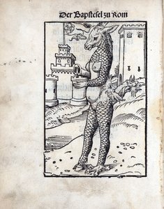 The Bapstesel zu Rom (The Pave Asse eller The Pope Asse of Rome), af Cranach, Lucas, den ældre (1472-1553). Træsnit af Lucas the Elder Cranach