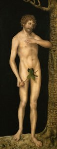 Menneskets fald: Adam - Lucas Cranach, den ældste (1472-1553). Olie på træ, ca 1510-1520. Mål: 137x54 cm. Kunsthistorisk museum, Vienne af Lucas the Elder Cranach