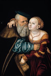 Det uoverensstemmende par (olie på panel af Lucas the Elder Cranach