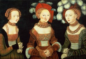 Tre prinsesser af Sachsen, Sibylla (1515-92), Emilia (1516-91) og Sidonia (1518-75), døtre af hertug Heinrich af Frommen, ca. 1535 (panel) af Lucas the Elder Cranach