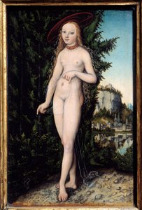 Venus står i et landskabsmaleri af Lucas Cranach den ældre (1472-1553) 1529, Olie på træ, Dim. 0,38x0,25 m - Venus står i et landskab. Maleri af Lucas Cranach den Ældre (1472-1553)