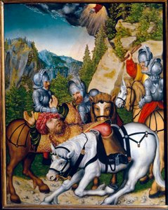 Konvertering på vejen til Damaskus (Syrien). (Omvendelsen på vej til Damaskus). Sankt Paulus (Saul) af Tarsus (ca. 8-c. 67). Maleri af Lucas Cranach den Yngre (1515-1586), olie på træ. tysk kunst