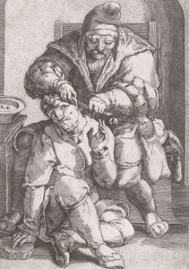 Frisørkirurg fra det 17. århundrede, der passer på en patients øre. af Lucas van (after) Leyden