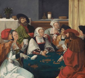 Kortspillerne, sandsynligvis ca. 1550-99 (olie på lærred) af Lucas van (after) Leyden