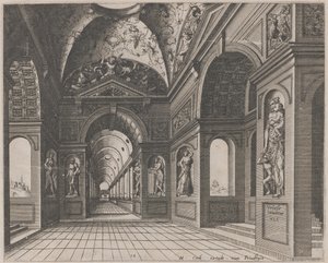 Interiør af en korshvælvet sal dekoreret med grotesker af Lucas van Doetechum and Johannes