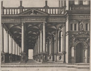 Åben hal understøttet af korintiske søjler af Lucas van Doetechum and Johannes