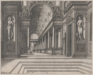 Se i en kirke med korintiske søjler og statuer af Apollo, Melpomene og Moses
