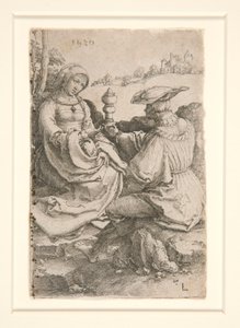 En adelsmand og en dame siddende i et landskab af Lucas van Leyden