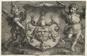 Et skjold med en maske understøttet af to genier, 1527. af Lucas van Leyden