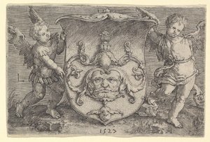 Våbenskjold med maske, holdt af to Genii, 1527. af Lucas van Leyden