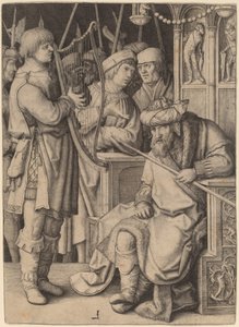 David spiller på harpen før Saul af Lucas van Leyden