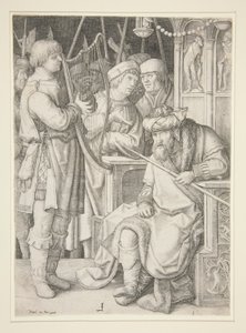 David spiller på harpen foran Saul af Lucas van Leyden