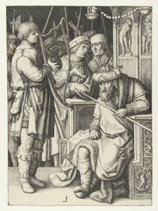 David spiller på harpe for Saul af Lucas van Leyden
