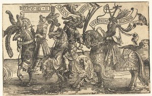 Heltene Kong Arthur, Karl den Store og Godfrey af Bouillon The Nine Heroes (serietitel) af Lucas van Leyden