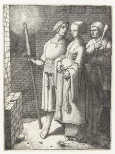 Ung mand med en fakkel, en kvinde og en nar af Lucas van Leyden