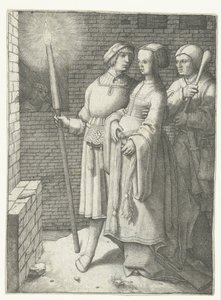 Ung mand med en fakkel, en kvinde og en nar af Lucas van Leyden