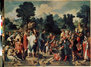 Helbredelsen af ​​den blinde mand fra Jeriko (midterpanel). Helbredelsen af ​​den blinde mand fra Jeriko. Mirakel af Jesus Kristus, der helbreder Bartimæus fra Jeriko og genopretter hans syn. Maleri af Lucas Van Leyden (1489/94-1533)
