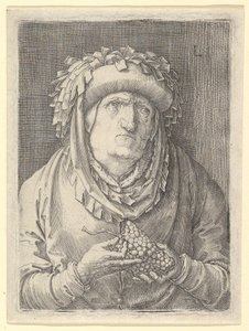 Gammel kvinde med druer, ca. 1523. af Lucas van Leyden