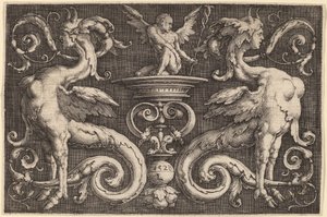 Ornament med to sfinxer og en bevinget mand af Lucas van Leyden