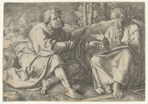 Paul og Peter sidder i et landskab af Lucas van Leyden