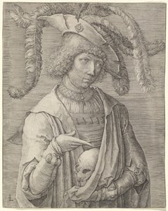 Portræt af en ung mand med en kranie af Lucas van Leyden
