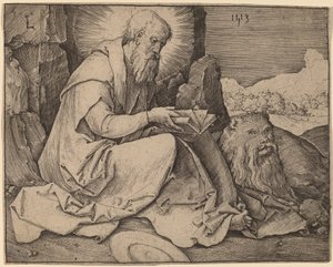 Sankt Hieronymus i et landskab af Lucas van Leyden