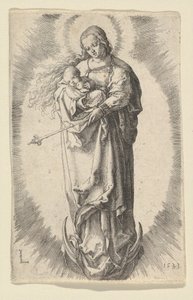Jomfruen med barn på halvmånen, 1523. af Lucas van Leyden