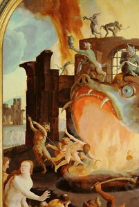 Helvedes gab sluger de fordømte (olie på træ) af Lucas van Leyden