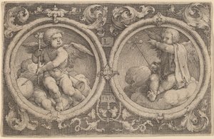 To Amorer siddende på skyer i to cirkler af Lucas van Leyden