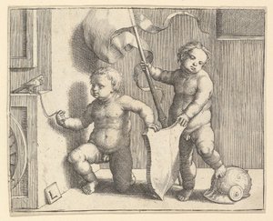 To nøgne børn, der støtter et tomt skjold, ca. 1510.